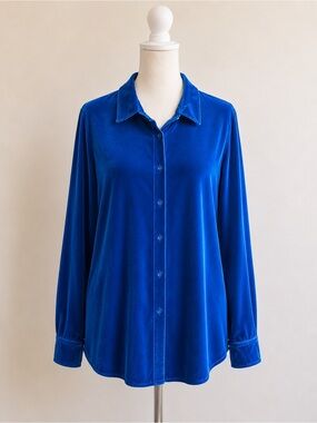 Soft Surroundings Blue Velvet Boyfriend Shirt Tunic Button Up Top Size L
